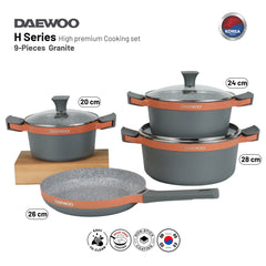 Daewoo H Series 7 Pcs Granite Cooking Set 28, 24, 20 cm Pot, 26 cm Pan with 2 Pcs of Utensil Tools