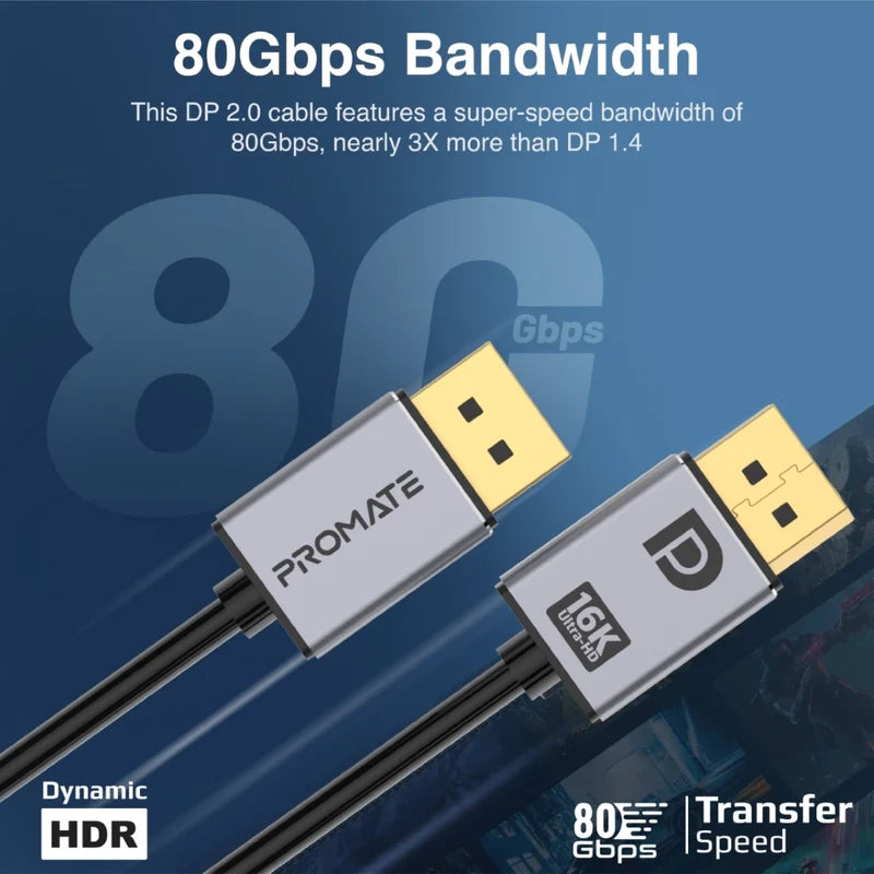 Promate 16K@60Hz High Definition Display Port 2.0 Cable, Black