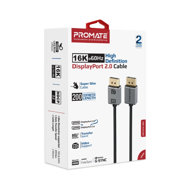 Promate 16K@60Hz High Definition Display Port 2.0 Cable, Black