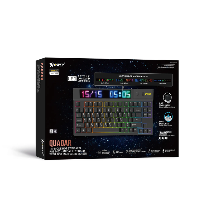 XPower Quaoar Tri-Mode Hot Swap Axis Mechanical Keyboard with LED Dot Matrix Screen