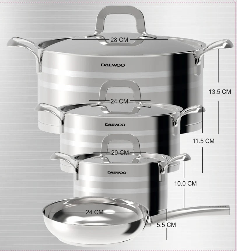 Daewoo 18/10 Stainless Steel Cookware Set of 7 Pcs (28, 24, 20 cm Pots, 24cm Pan) - Silver
