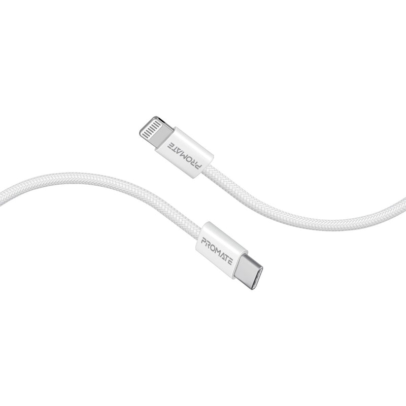 Promate Super-Fast 27W Power Delivery USB-C to Lightning Fabric Braided Cable,WHITE