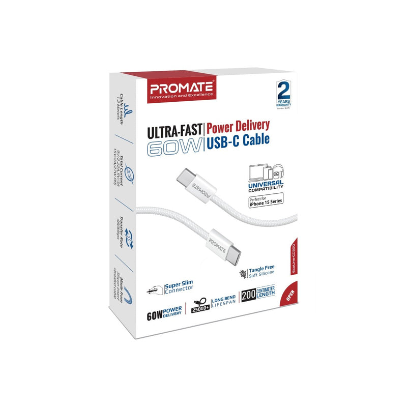 Promate Super-Fast 27W Power Delivery USB-C to Lightning Fabric Braided Cable,WHITE