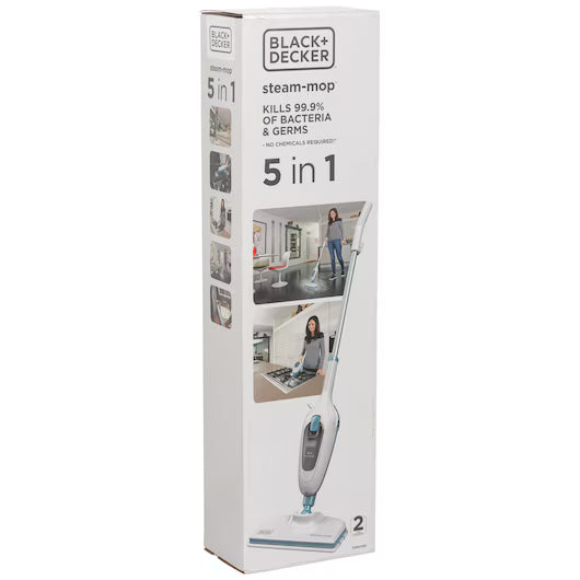 BLACK+DECKER Steam Mop, 5-in-1 Cleaning Solution, Superheated Steam, 1300W, 380ml Water Tank, Swivel Head, Chemical-Free, User Friendly, Includes 5 Accessories, White - FSMH13E5-B5
