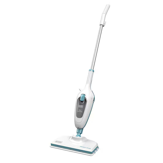 White steam cleaner with blue accents on a white background