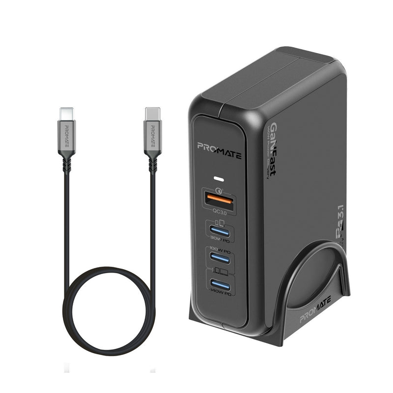 Promate  140W Super-Speed GaNFast™ Charging Station with Power Delivery 3.1 & Quick Charge 3.0,Black