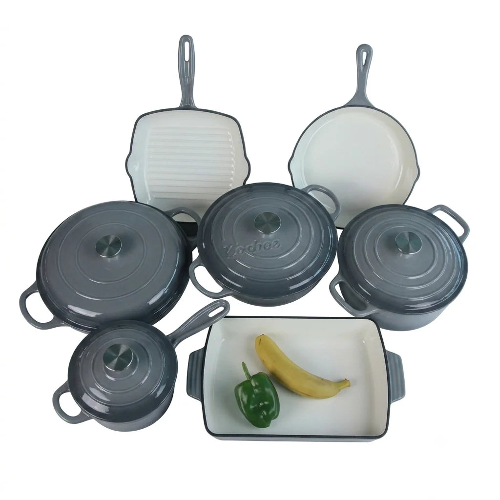 OSFE 11 PCS Enameled Cast Iron Cookware Set (24, 26, 30, 19cm) Pots, (33, 26,25 cm) Pans