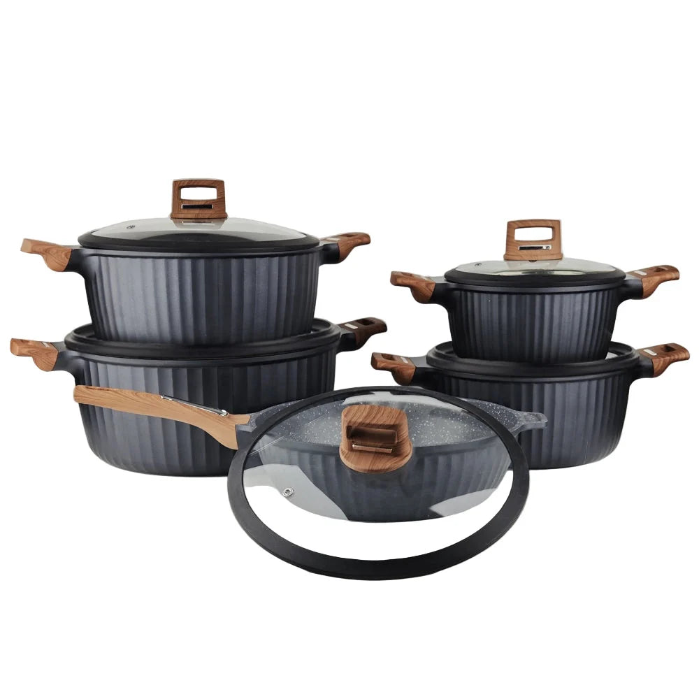 OSFE Granite Cookware Set 12 Pcs (32, 28, 24, 20 cm Casserole, 28 cm Pan, 2 Pcs Silicone Kitchen Tools)