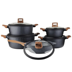 طقم أواني طهي جرانيت OSFE عدد 12 قطعة (قدر بحجم 32، 28، 24، 20 سم، مقلاة بحجم 28 سم، عدد 2 أداة مطبخ سيليكون) - أسود