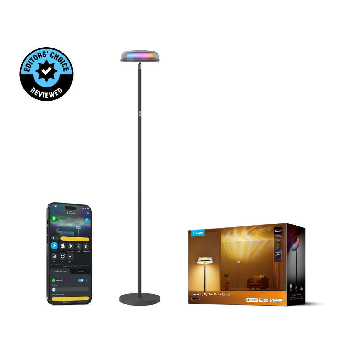Govee Uplighter Floor Lamp 3 in 1 Lighting Effects, Dynamic Ripple Effect, RGBWW+RGBIC+WW Colors - H60B0