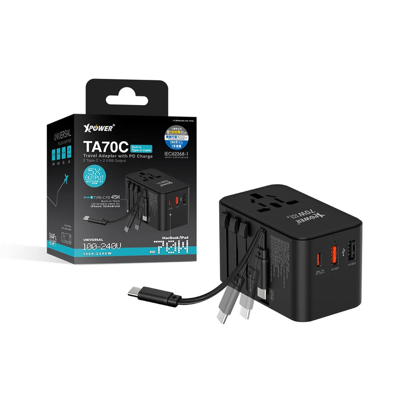 XPower TA70C 70W PD output PPS GaN Travel Adaptor Built-in Type-C Cable - Black