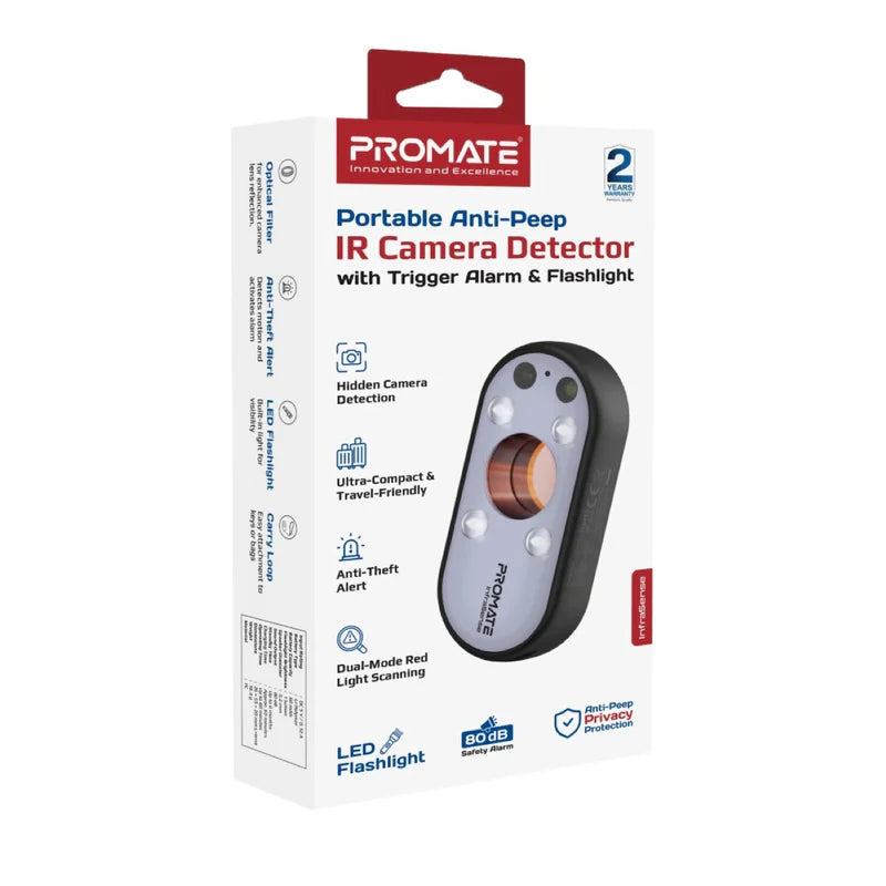 PROMATE Portable Anti-Peep IR Camera Detector with Trigger Alarm & Flashlight,Black