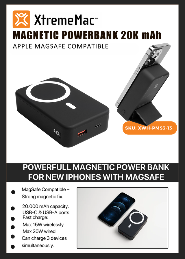 Xtrememac Magnetic Powerbank 10000 Mah Apple Magsafe Compatible - Usb-C/Usb-A Connectors With Holder - Black