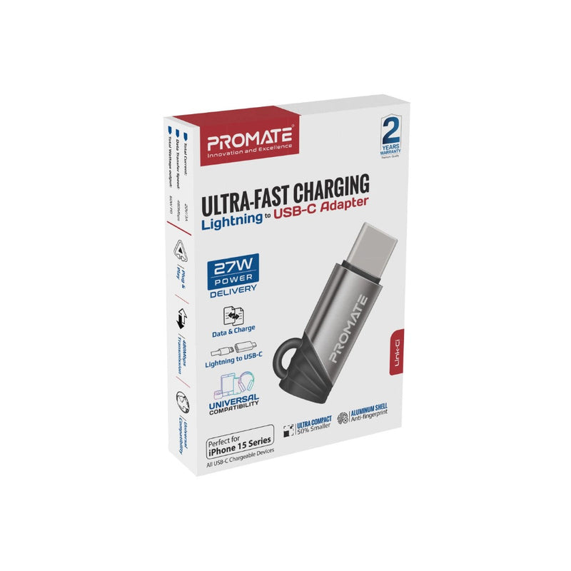 Promate Ultra-Fast Charging Lightning to USB-C Adapter,GREY