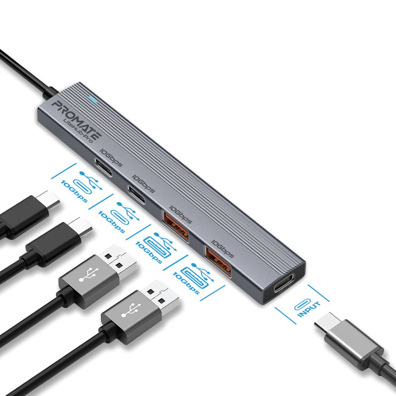 Promate Multi-Port 10Gbps USB-C Data Hub , 2 x USB-A 10Gbps ports,Grey