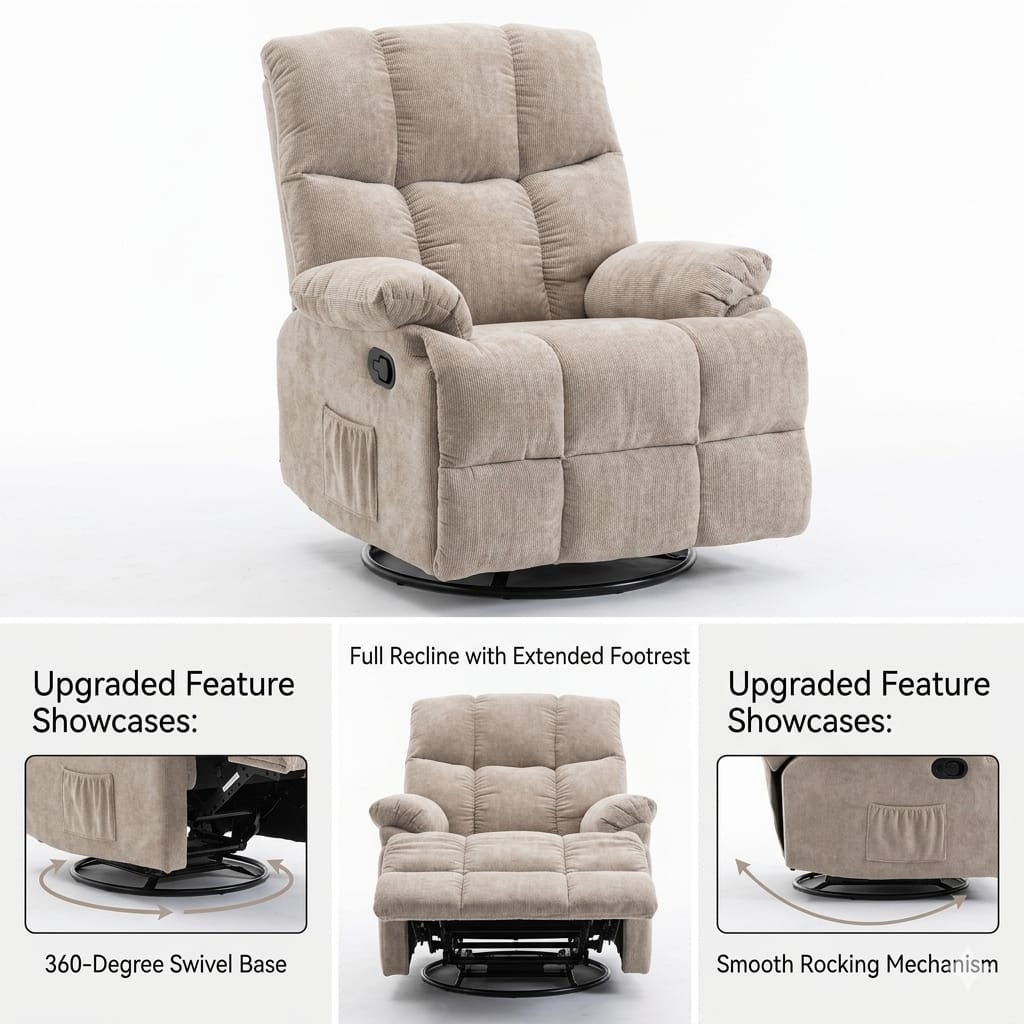 Lounge Swivel Rocking Recliner Sofa – Premium Chenille Fabric Comfort Design (88×94×103 cm) – Beige