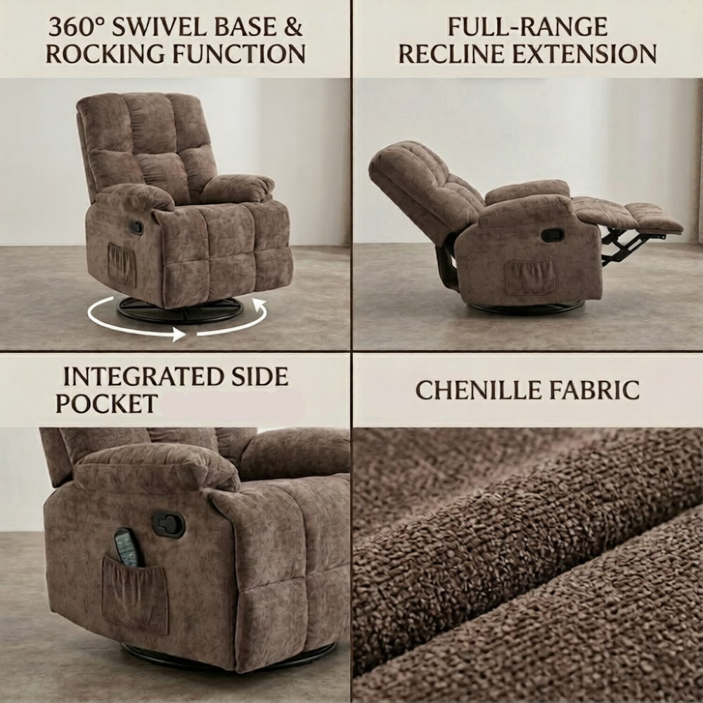 Lounge Swivel Rocking Recliner Sofa - Chenille Fabric (88 x 94 x 103 cm) - Brown