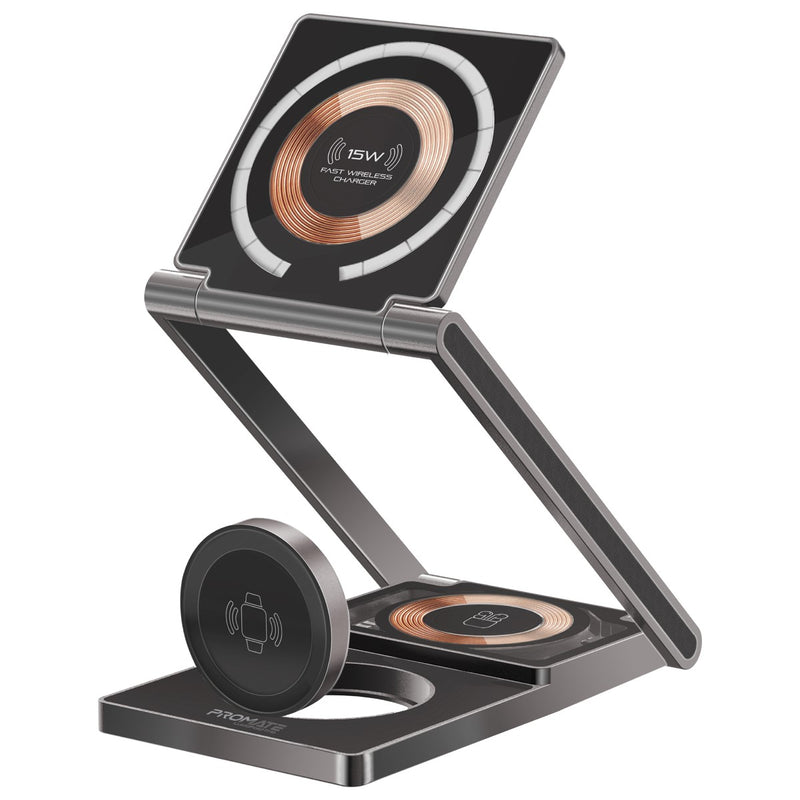 Promate - 3 in 1 Ultra-Slim Transparent Foldable 15W MagSafe Compatible Wireless Charging Station,BLACK