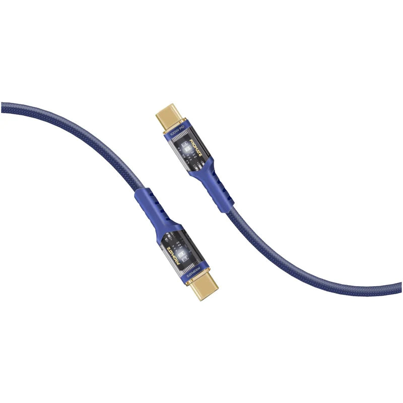 Promate High Tensile Transparent 100W Power Delivery USB-C Cable with LED Light
