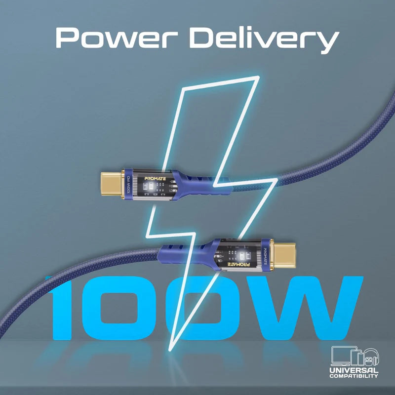 Promate High Tensile Transparent 100W Power Delivery USB-C Cable with LED Light