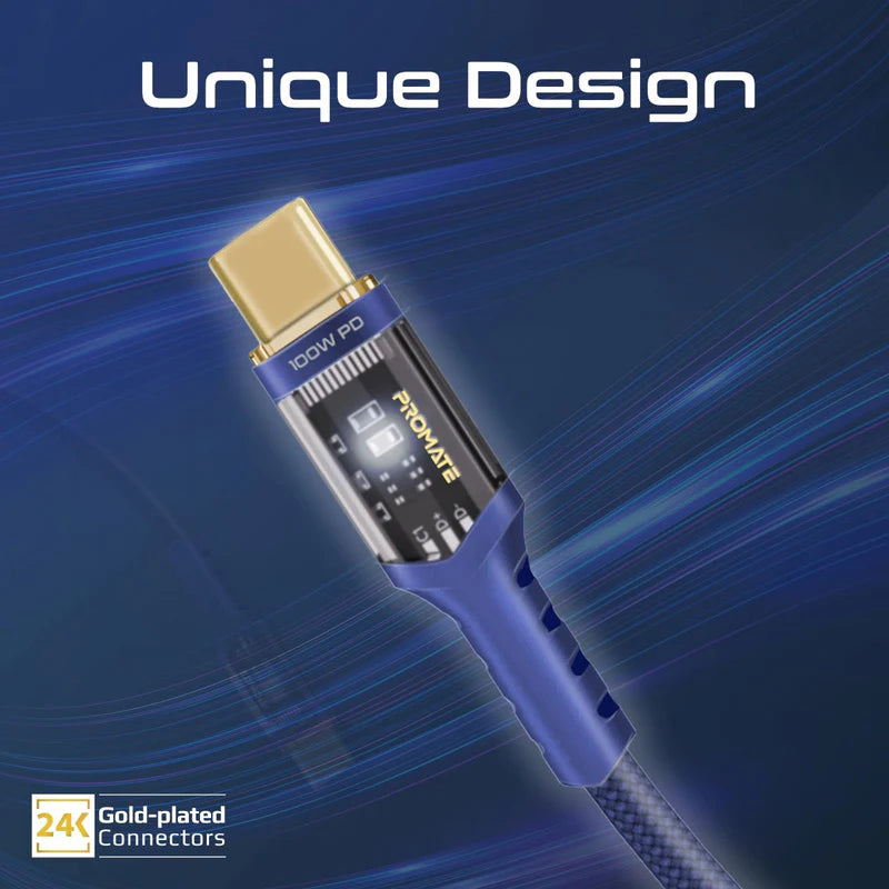 Promate High Tensile Transparent 100W Power Delivery USB-C Cable with LED Light
