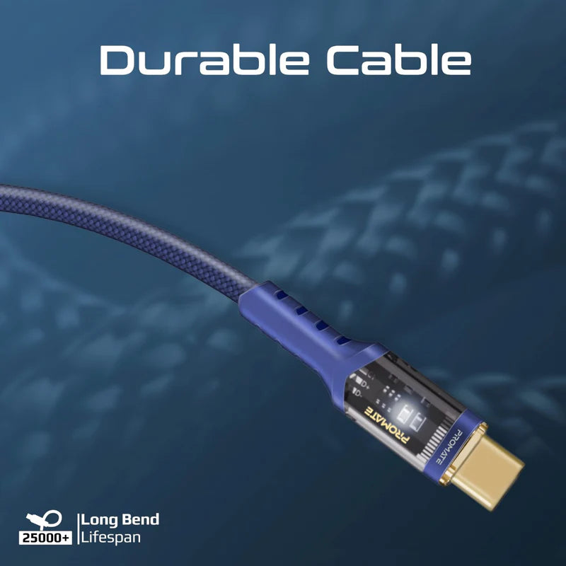 Promate High Tensile Transparent 100W Power Delivery USB-C Cable with LED Light
