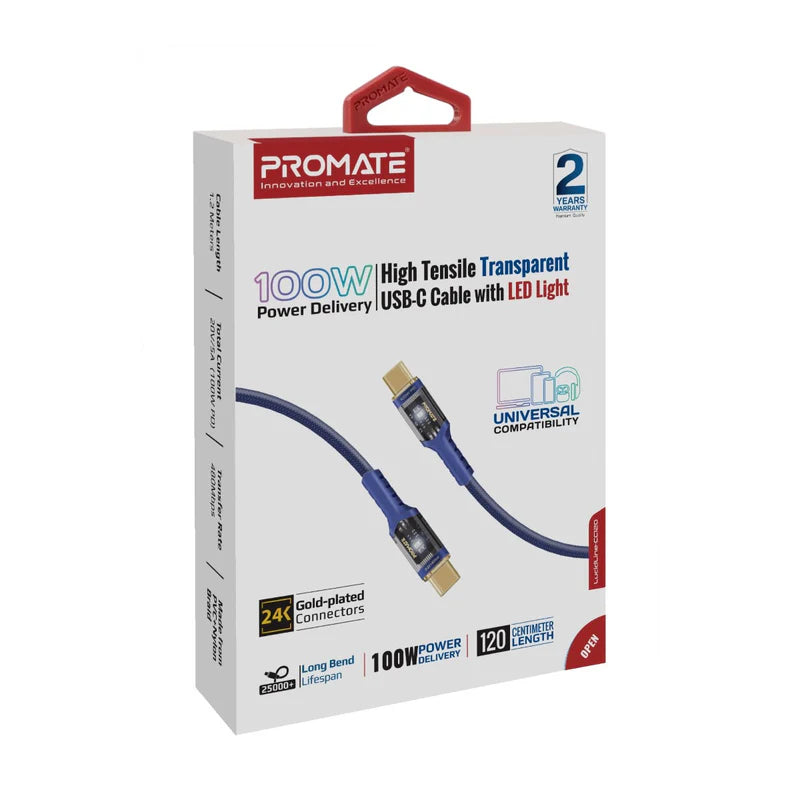 Promate High Tensile Transparent 100W Power Delivery USB-C Cable with LED Light