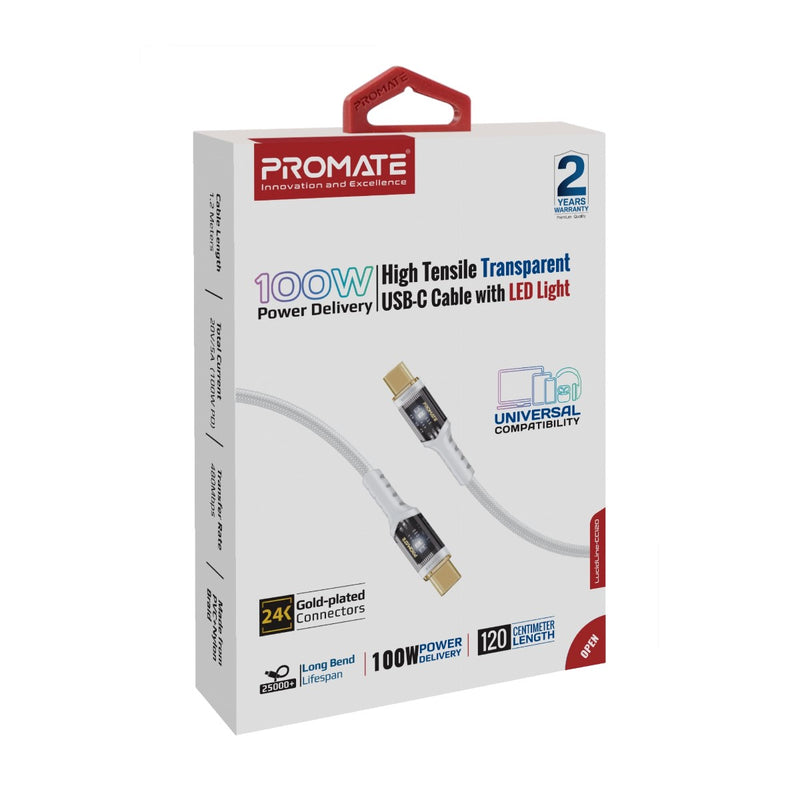 Promate 100W Power Delivery Ultra-Fast USB-C Cable with Transparent Shells ,WHITE