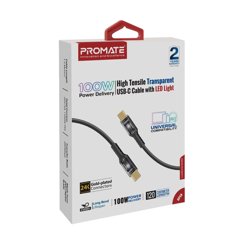 Promate 100W Power Delivery Ultra-Fast USB-C Cable with Transparent Shells ,BLACK