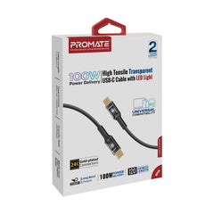 Promate 100W Power Delivery Ultra-Fast USB-C Cable with Transparent Shells ,BLACK