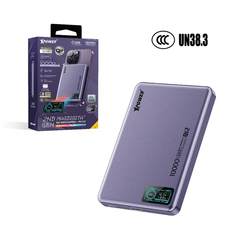 XPower MagDigita² 2nd Gen Color TFT Display PD 3.0+QI2 MagCharge 10000mAh Power Bank - Purple
