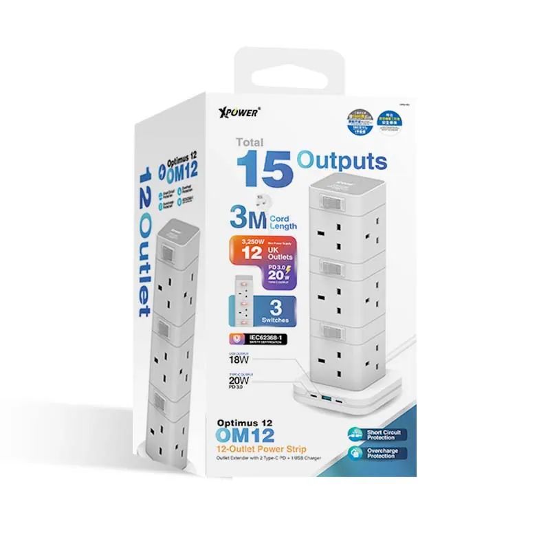 XPower Optimus 12 OM12 15-output switch power strip 12 Outlet PD3.0 Output (3M) White-4895246613314