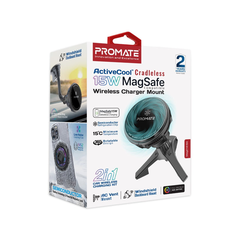 Promate ActiveCool Cradleless 15W MagSafe Compatible Wireless Charger Mount,Black