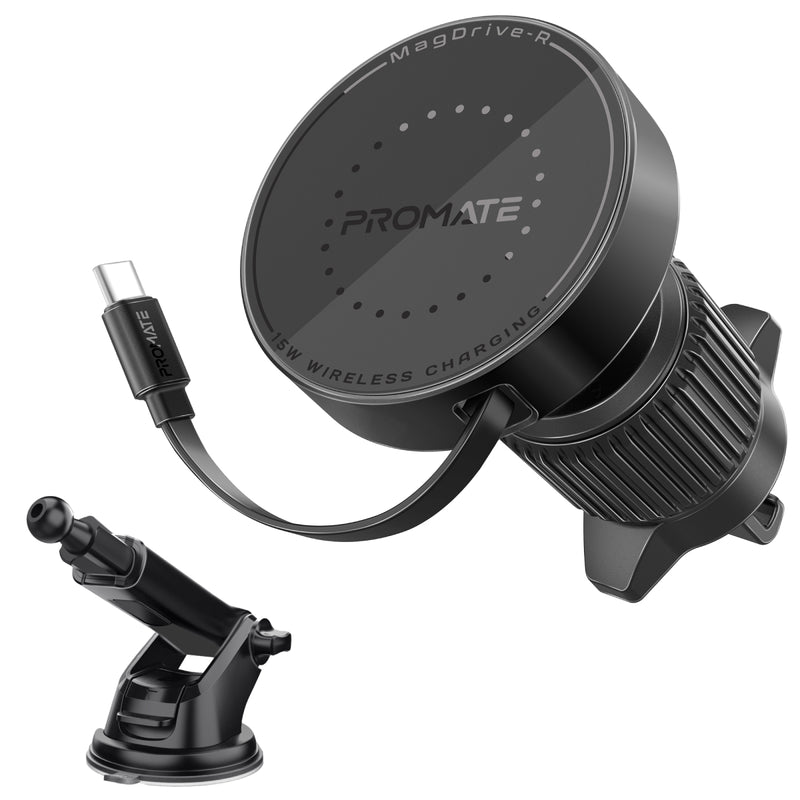 Promate - 15W MagSafe Compatible Car Wireless Charger w/ Retractable Cable ,black