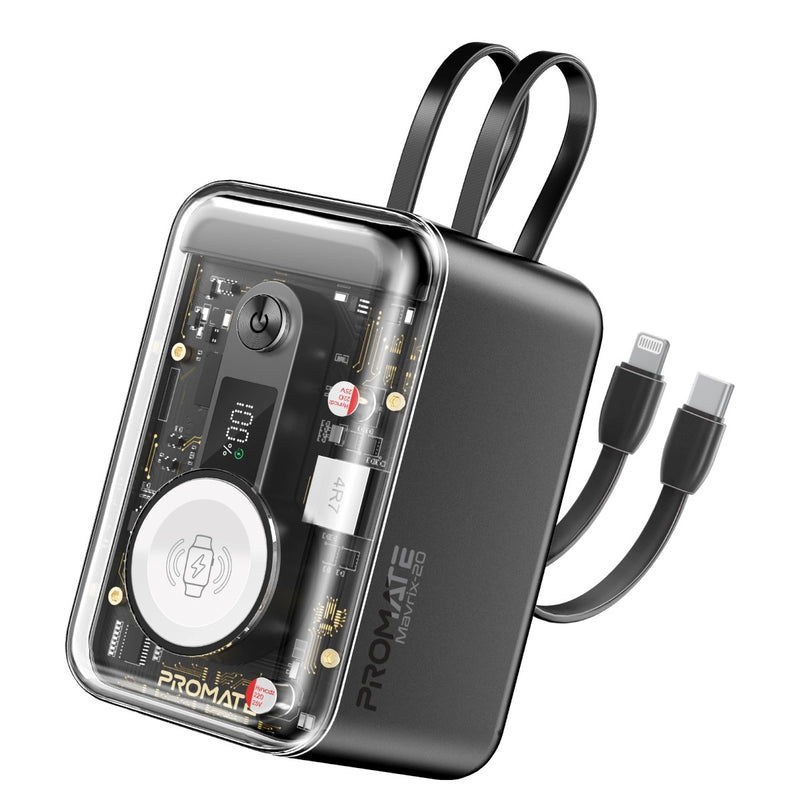 Promate 20000mAh Multi-Device Charging Transparent Smartphone and Apple Watch Power Bank with USB-C & Lightning Cable ,Black