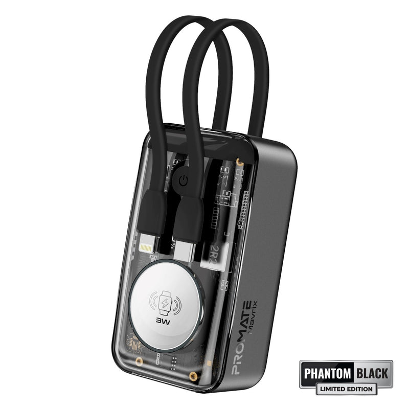 Promate-10000mAh Transparent Smartphone and Apple Watch Charging Power Bank with USB-C & Lightning Cable,Black
