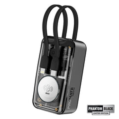 Promate-10000mAh Transparent Smartphone and Apple Watch Charging Power Bank with USB-C & Lightning Cable,Black