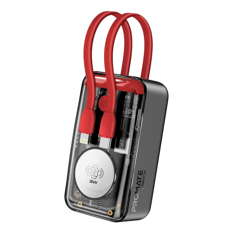 Promate-10000mAh Transparent Smartphone and Apple Watch Charging Power Bank with USB-C & Lightning Cable,Red