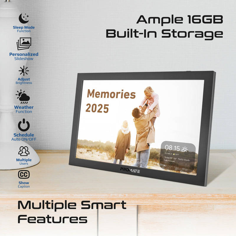 Promate 10.1" Vibrant Full HD Smart Multimedia Wi-Fi Digital Photo Frame,Black