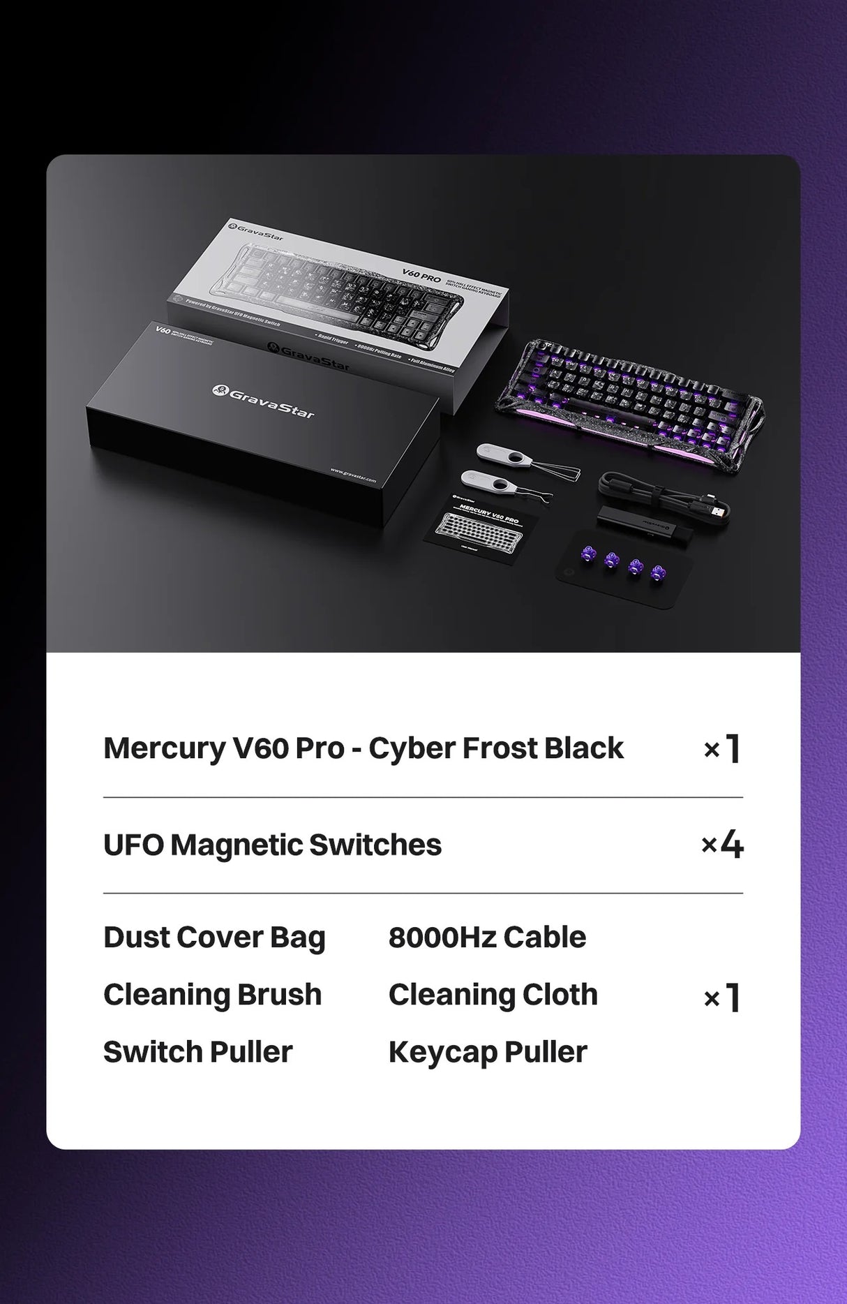 GravaStar Mercury V60 Pro 60% Hall Effect Magnetic Switch Gaming Keyboard Special Edition - Cyber Frost Black