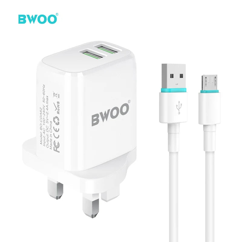 مجموعة شحن بمنفذ مزدوج مع كابل بيانات USB-A إلى Micro USB