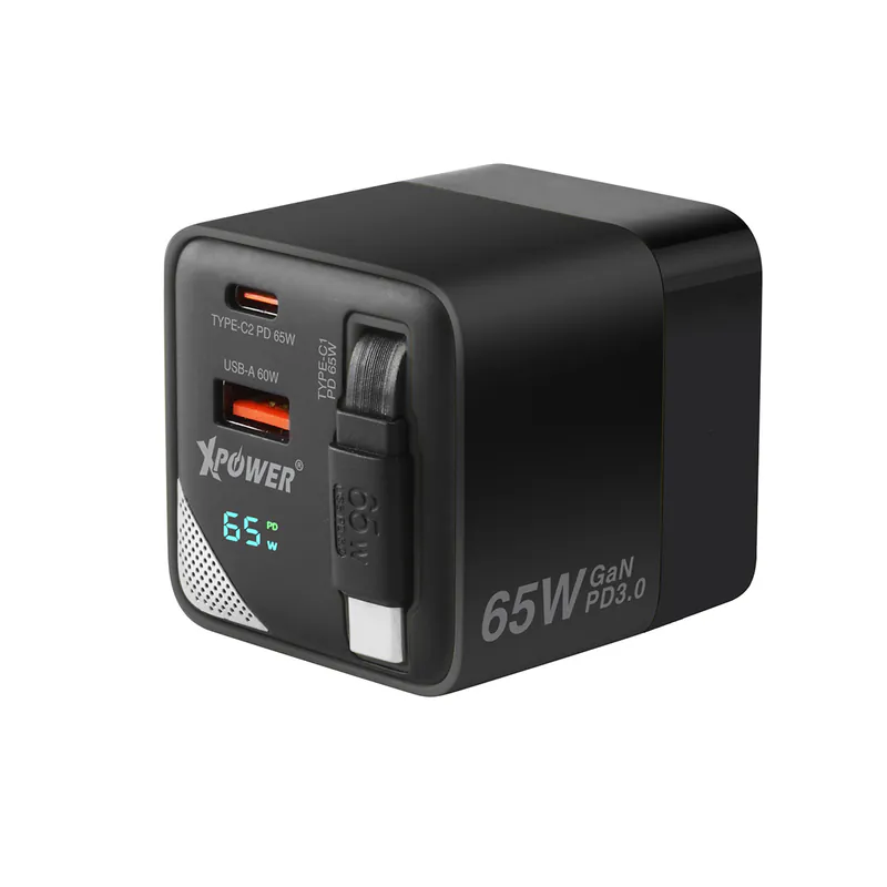 XPower GX65B 3 in 1 65W GaN PD Desktop Charger 2 Port Type-C cable - Black-4895246609270