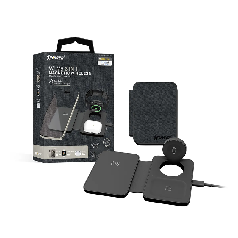 XPower WLM9 3 In 1 Magnetic Wireless Travel Charging Pad - Black