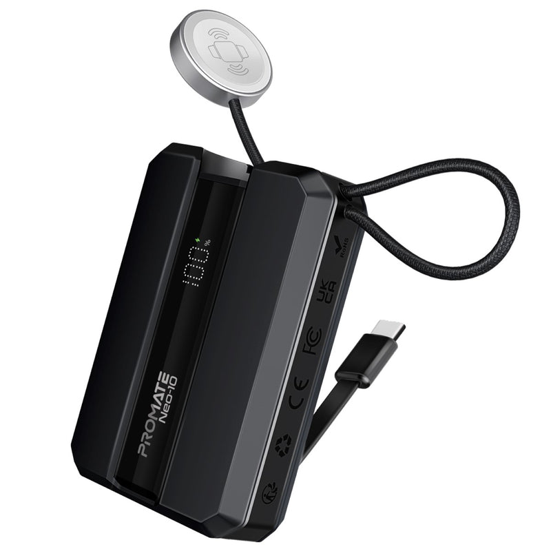Promate-10000mAh 30W Power Delivery Ultra-Fast Power Bank w/ In-Built USB-C Cable & Apple Watch Charger,Black