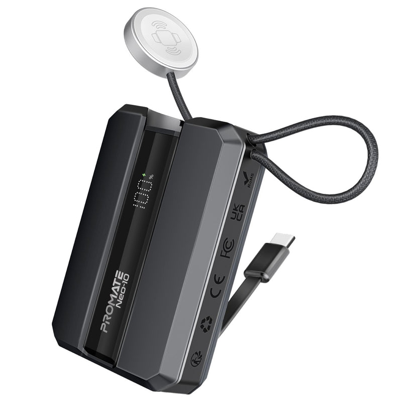 Promate-10000mAh 30W Power Delivery Ultra-Fast Power Bank w/ In-Built USB-C Cable & Apple Watch Charger,Grey