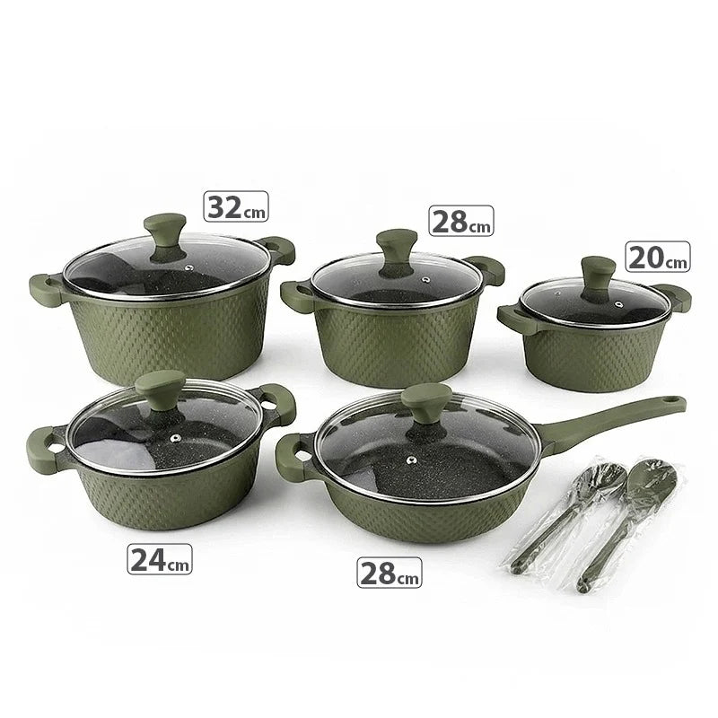 OSFE 12 PCS Aluminum Nonstick Granite Cookware Set (32, 28, 24, 20 cm Pots, 28 cm Pan with 2 Pcs of Utensil Tools) - Green