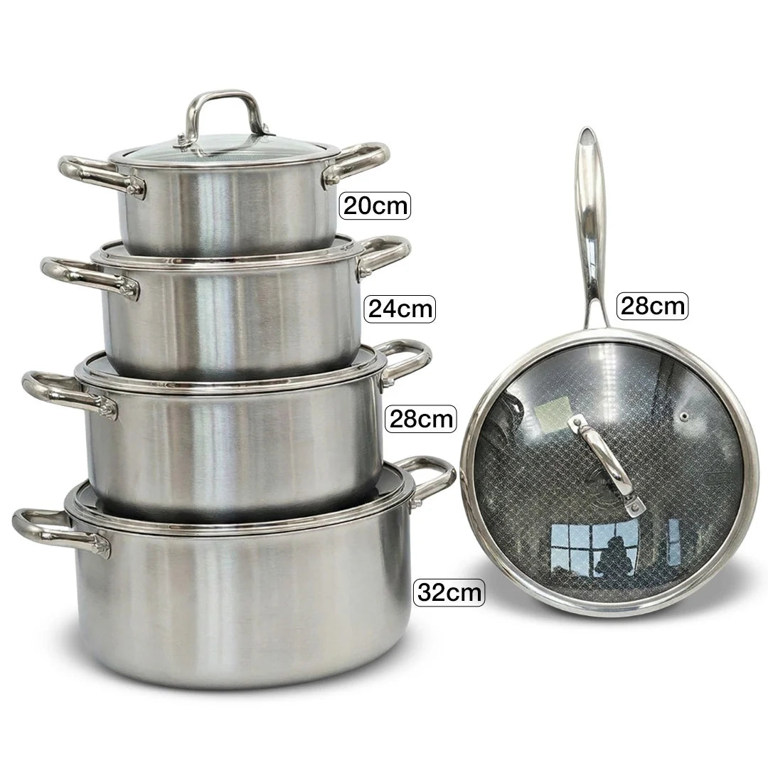 OSFE Home Cooking 316 High Quality 10-Piece Luxury Triply Stainless Steel Non Stick Cookware Set With Glass Lid (32-28-24-20 cm Pots and Pan 28 cm)