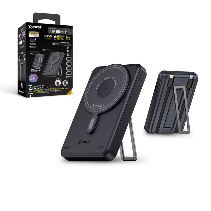 XPower M10R 7 in 1 10000mAh PD 3.0 Built-in Type-C PD/Lightning Cable + Wireless Charging + Power Bank with Stand - Black
