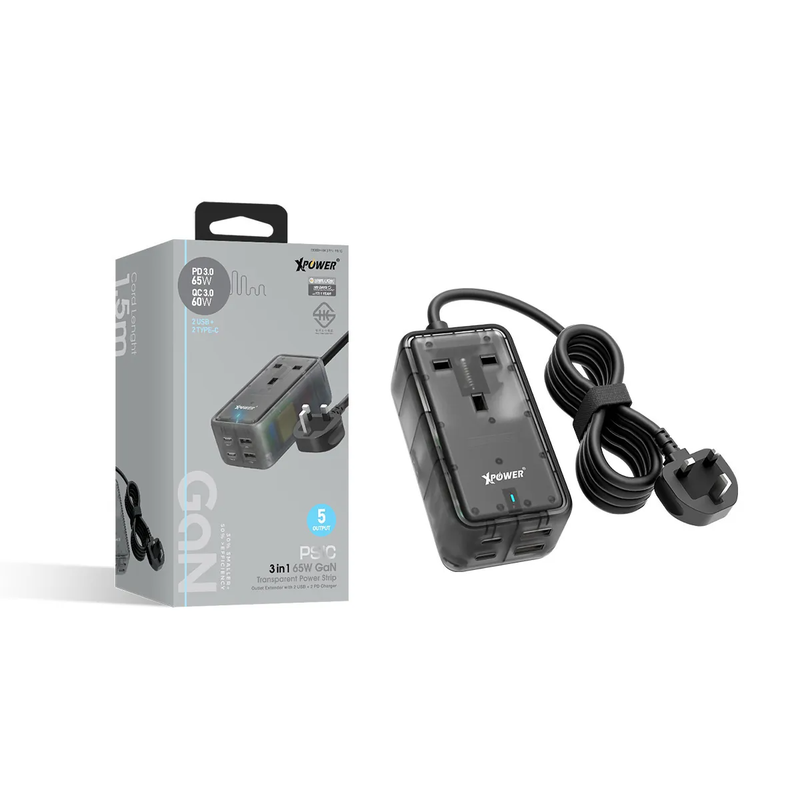 XPower PS1C 65W Gan 5 Output Power Strip 2 x USB 60W and 2 x Type-C 65W - Transparent Black