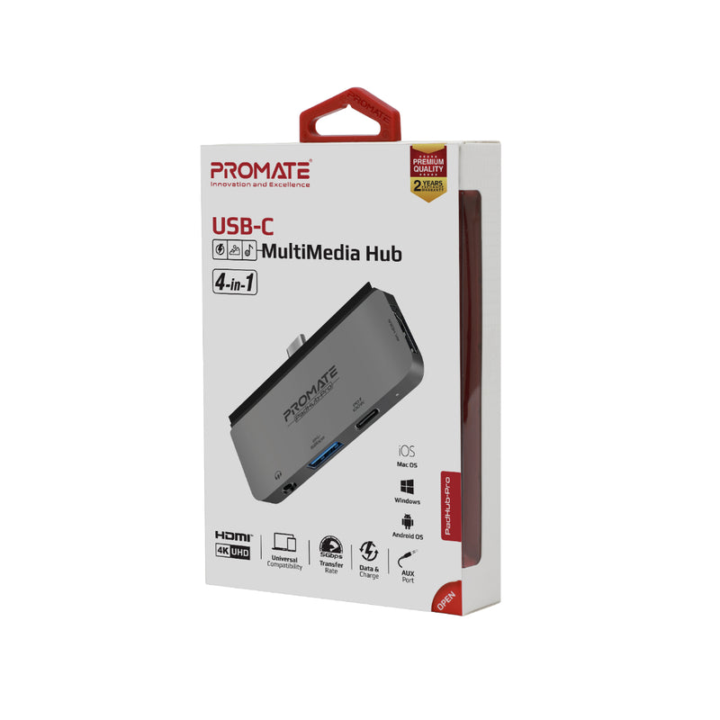 Promate 4-in-1 USB-C Multimedia Hub with 100W Power Delivery , 4K HDMI Full HD Port ,Grey